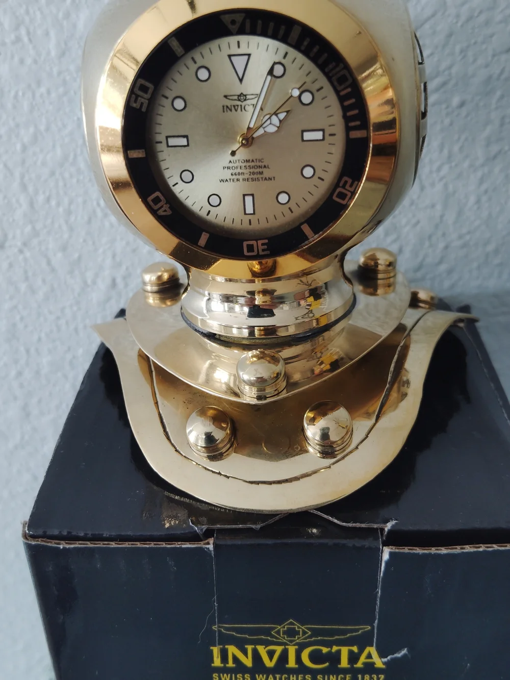 Invicta Gold Decorative Diver Helmet Desk Clock - Gold